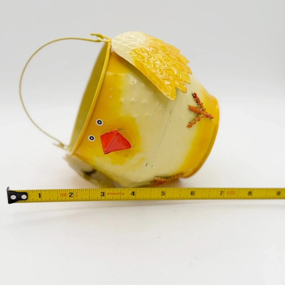 Retro Easter Chick Metal Basket Yellow Spring Cottage Decor 5.25